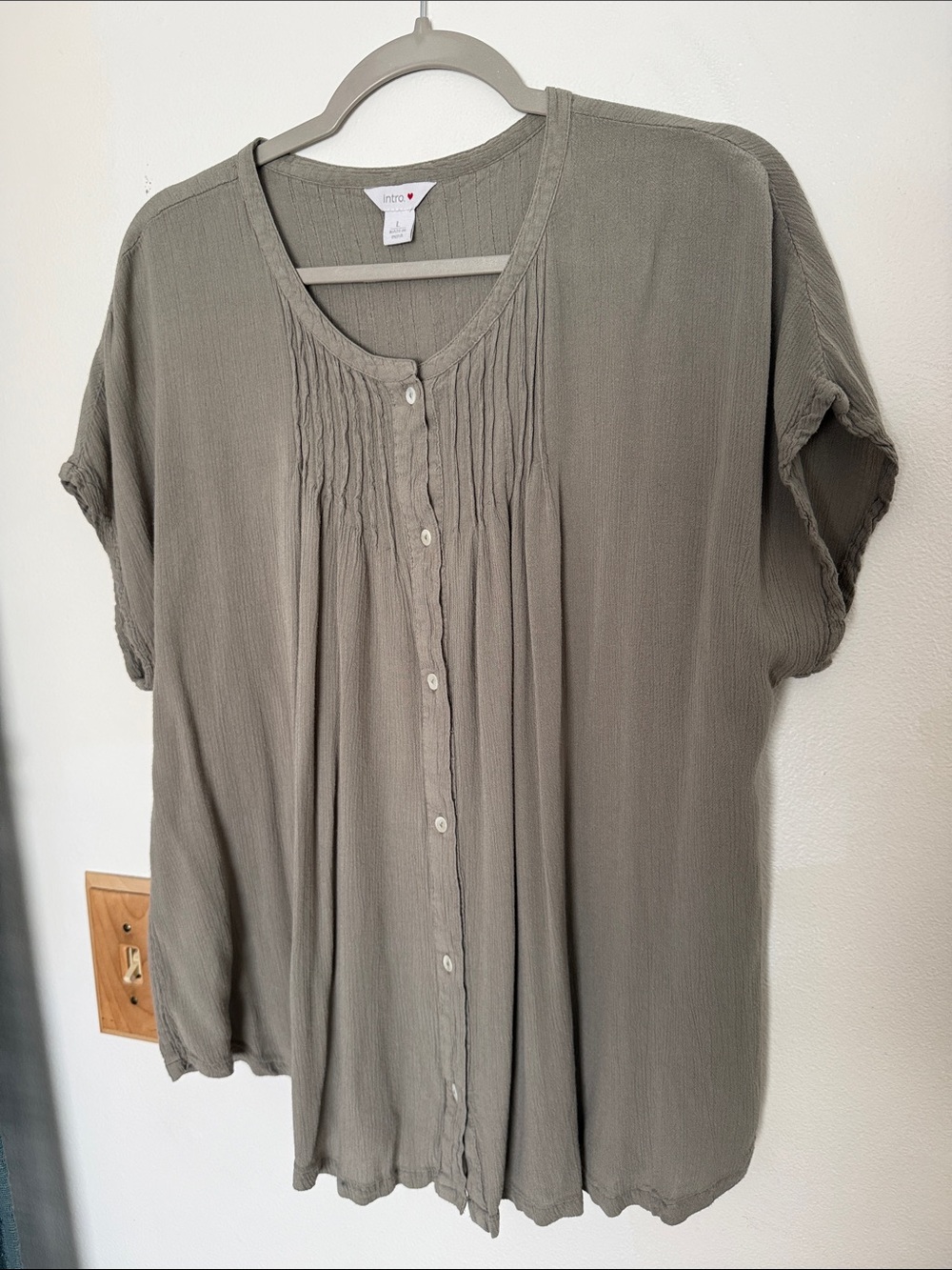 intro. Olive Taupe Button-Front Pintuck Blouse
